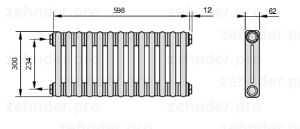 Схема (чертеж) Радиатор Zehnder Charleston 2030/13 №1270 Белый глянцевый RAL 9016